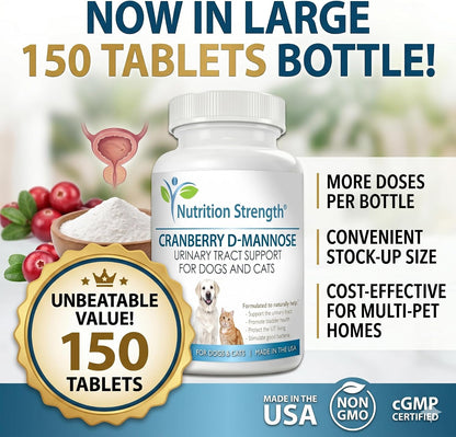 Nutrition Strength Cranberry D-Mannose for Dogs, Urinary Tract and Immune Support, 150 Chewable Tablets