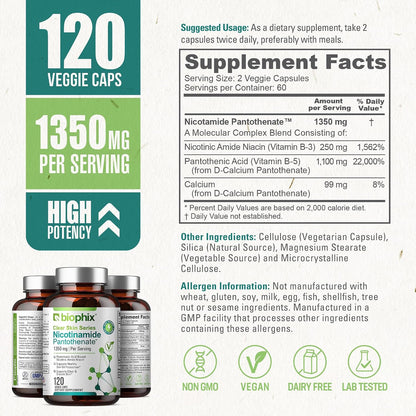 biophix B-3 Nicotinamide Pantothenate 1350 mg 120 Vcaps – Clear Skin Series B5 Pantothenic Acid Natural Flush-Free Nicotinic Amide Niacin – Supports Skin Cell Health