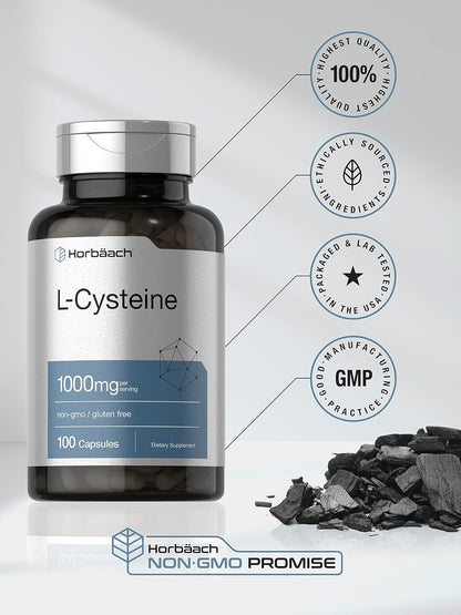 Horbäach L-Cysteine 1000mg - 100 Powder Capsules - Non-GMO, Gluten-Free Supplement