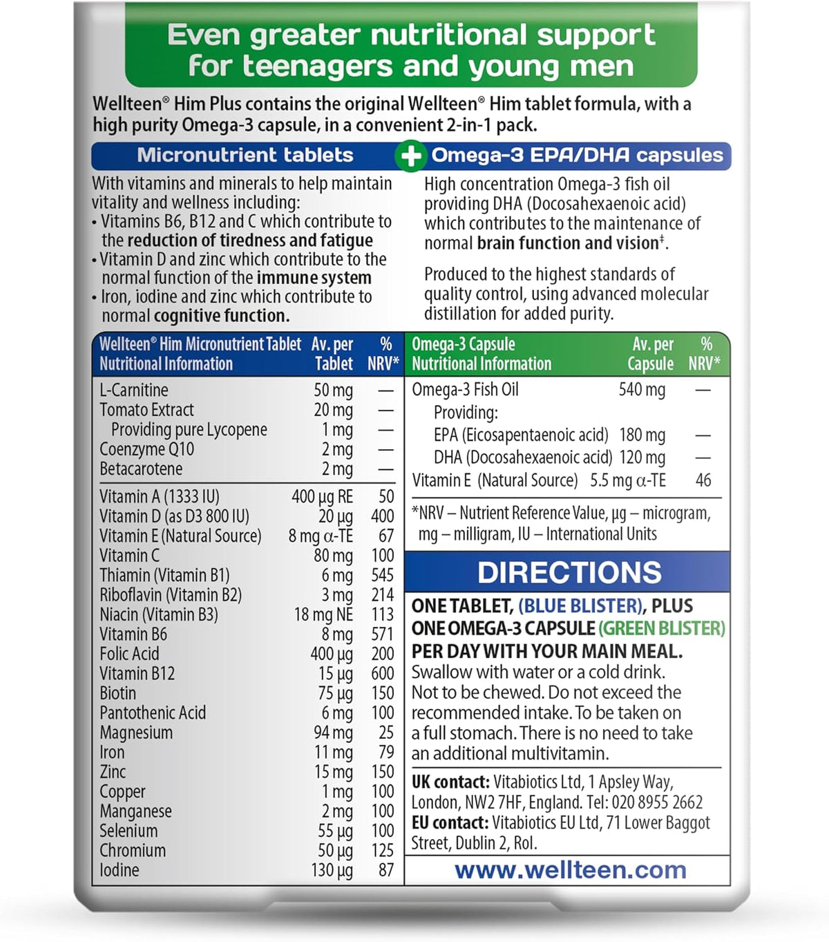 Vitabiotics Wellteen Him Plus Omega-3 – Maximum Nutritional Support for Teenage Boys and Young Men Aged 13-19 – 56 Tablets and Capsules - görsel 2