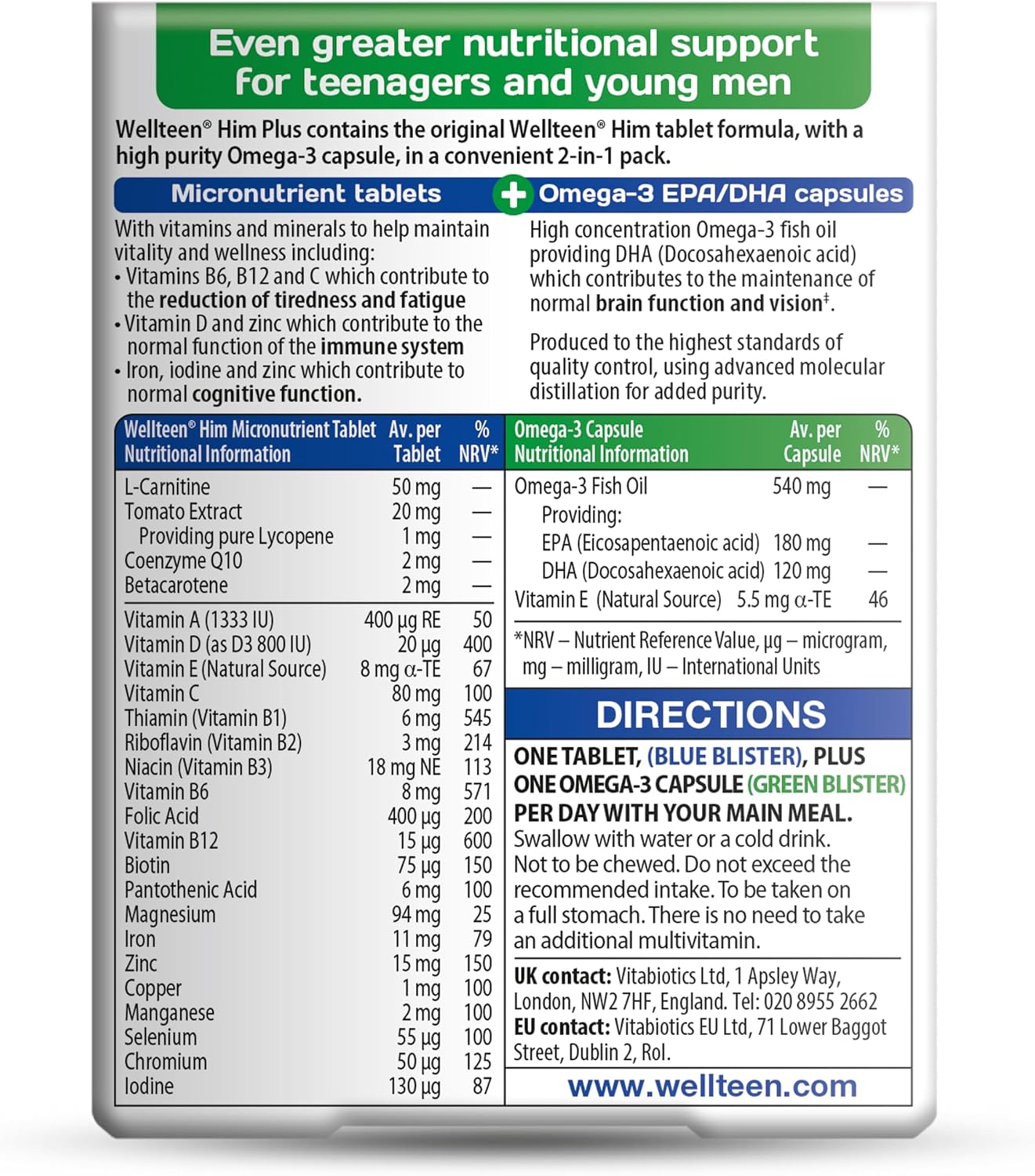 Vitabiotics Wellteen Him Plus Omega-3 – Maximum Nutritional Support for Teenage Boys and Young Men Aged 13-19 – 56 Tablets and Capsules - görsel 2