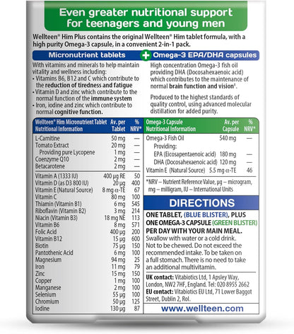 Vitabiotics Wellteen Him Plus Omega-3 – Maximum Nutritional Support for Teenage Boys and Young Men Aged 13-19 – 56 Tablets and Capsules