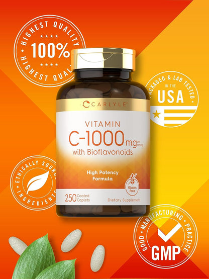 Carlyle Vitamin C 1000mg with Rose Hips and Citrus Bioflavonoids, 250 Tablets