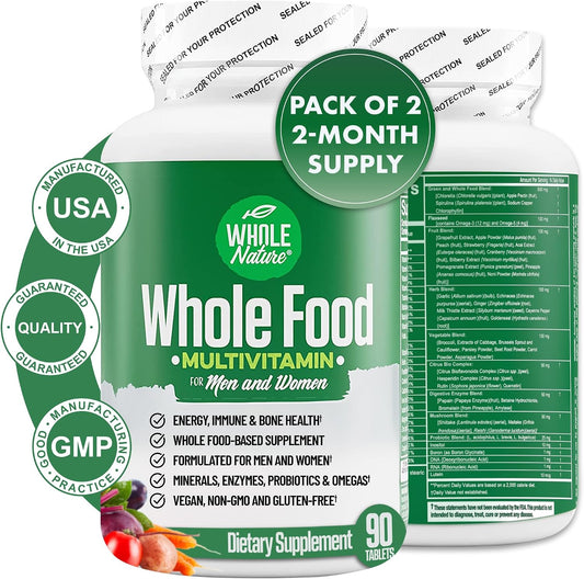 Whole Nature Whole Food Multivitamin - Complete Daily Superfood for Men and Women with Digestive Enzymes, Probiotics, and Omegas (2 Bottles)