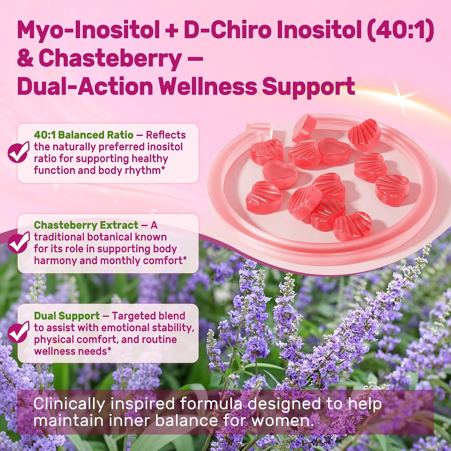 LILICARE Inositol Gummies for Women – 2000mg Myo-Inositol & 50mg D-Chiro Inositol 40:1 Ratio with Chasteberry, Methylated B12, Folate, Magnesium, Vitamin D3 – Sugar-Free, Vegan, Pack of 2 (120 Gummies) - görsel 4