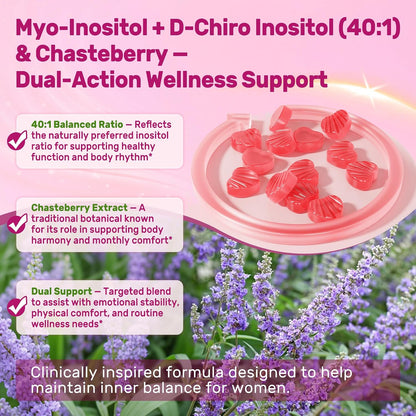 LILICARE Inositol Gummies for Women – 2000mg Myo-Inositol & 50mg D-Chiro Inositol 40:1 Ratio with Chasteberry, Methylated B12, Folate, Magnesium, Vitamin D3 – Sugar-Free, Vegan, Pack of 2 (120 Gummies)