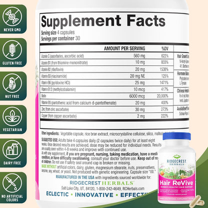 RidgeCrest Herbals Hair ReVive, Nutritional Hair Supplement with Vitamin C, Biotin (6000mcg), Zinc and Copper, Hair Vitamins for Women (120 Capsules, 30 Servings)