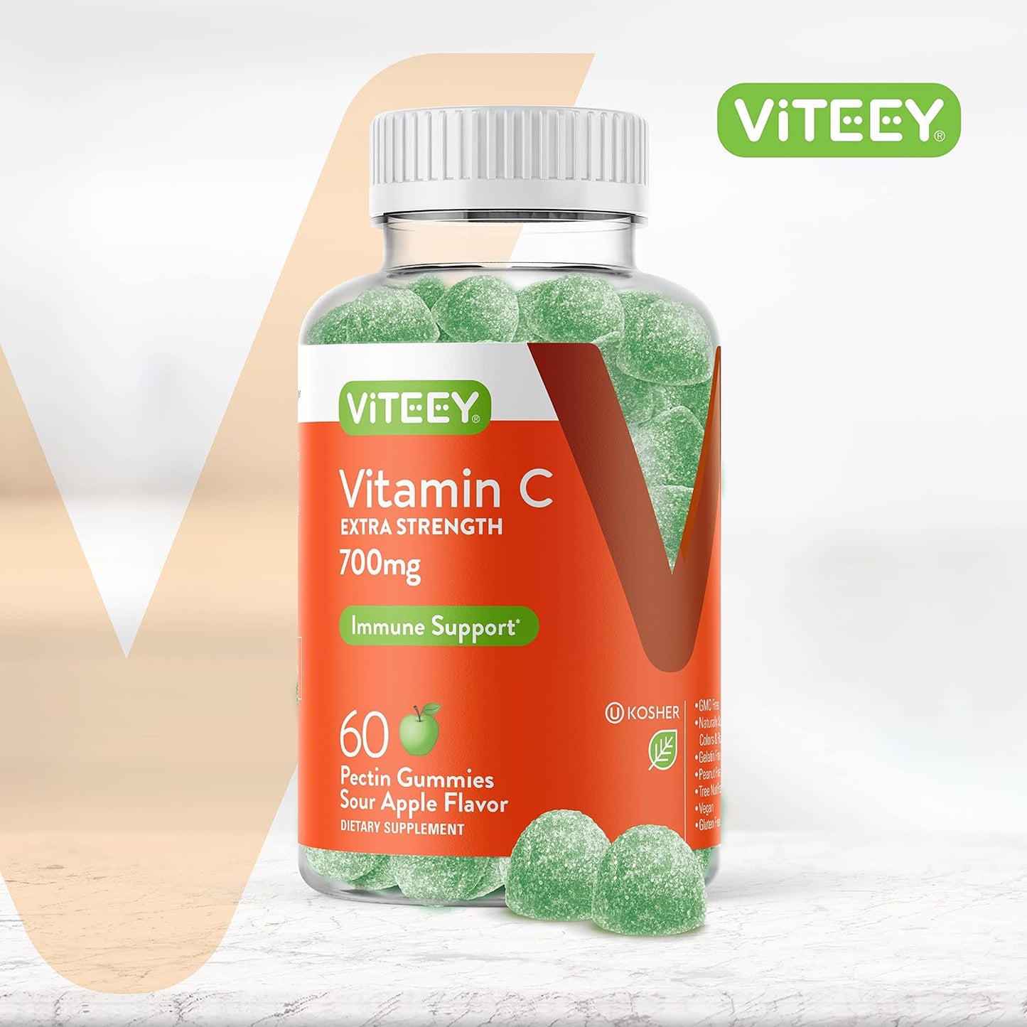 Viteey Chewable Vitamin C Gummies for Adults - 700mg Extra Strength - Supports Normal Immune Function - Vegan, Gluten-free - 60 Count - görsel 2