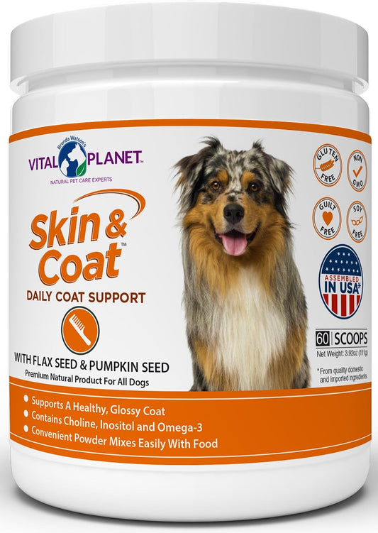 Vital Planet – Skin and Coat Powder Supplement for Dogs with Choline, Inositol, Pumpkin, Flax and Omega-3 Oils to Support a Soft Shiny Healthy Coat and for Seasonal Allergy Comfort – 60 Scoops, 111g