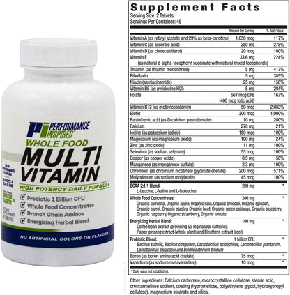 Performance Inspired Nutrition Whole Food Multi Vitamin with Probiotics, BCAAs, and Herbal Complex – 90 Tablets