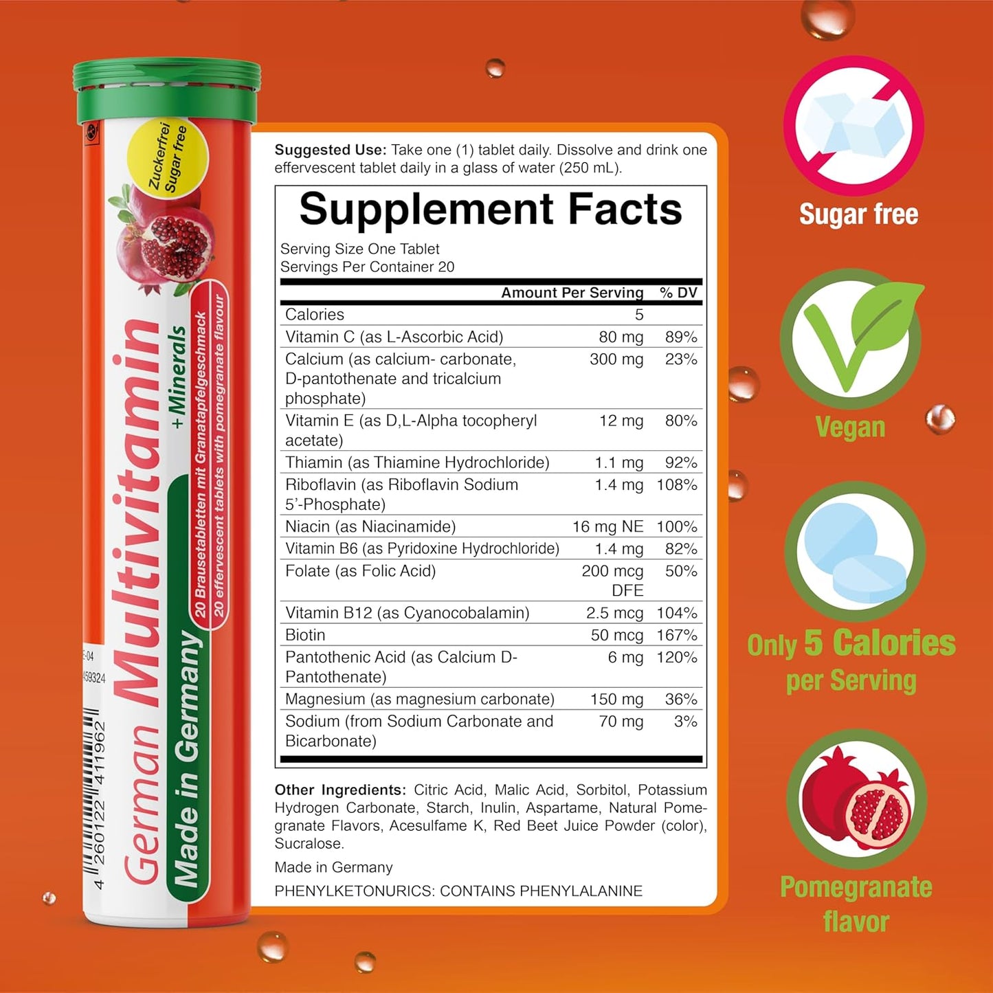T&D German Multivitamin + Mineralien Drink Effervescent Tablets - 60 Servings, Pomegranate Flavour - görsel 3