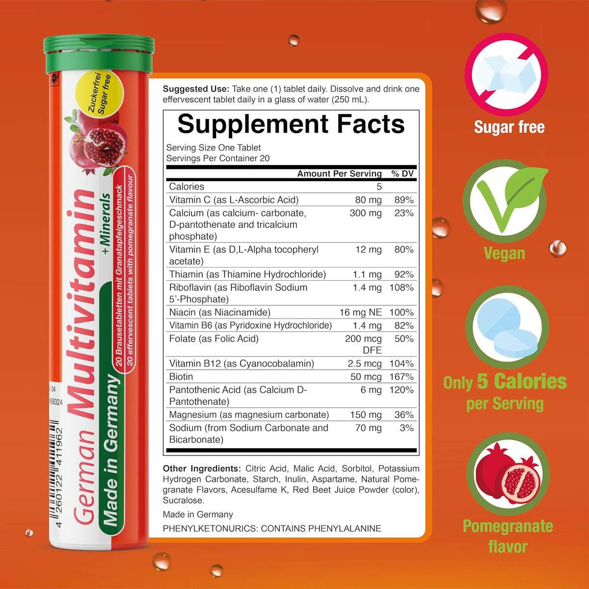 T&D German Multivitamin + Minerals 10 Vitamins 2 Minerals - 240 Vegan Effervescent Tablets - Pomegranate Flavour - Made in Germany - görsel 3