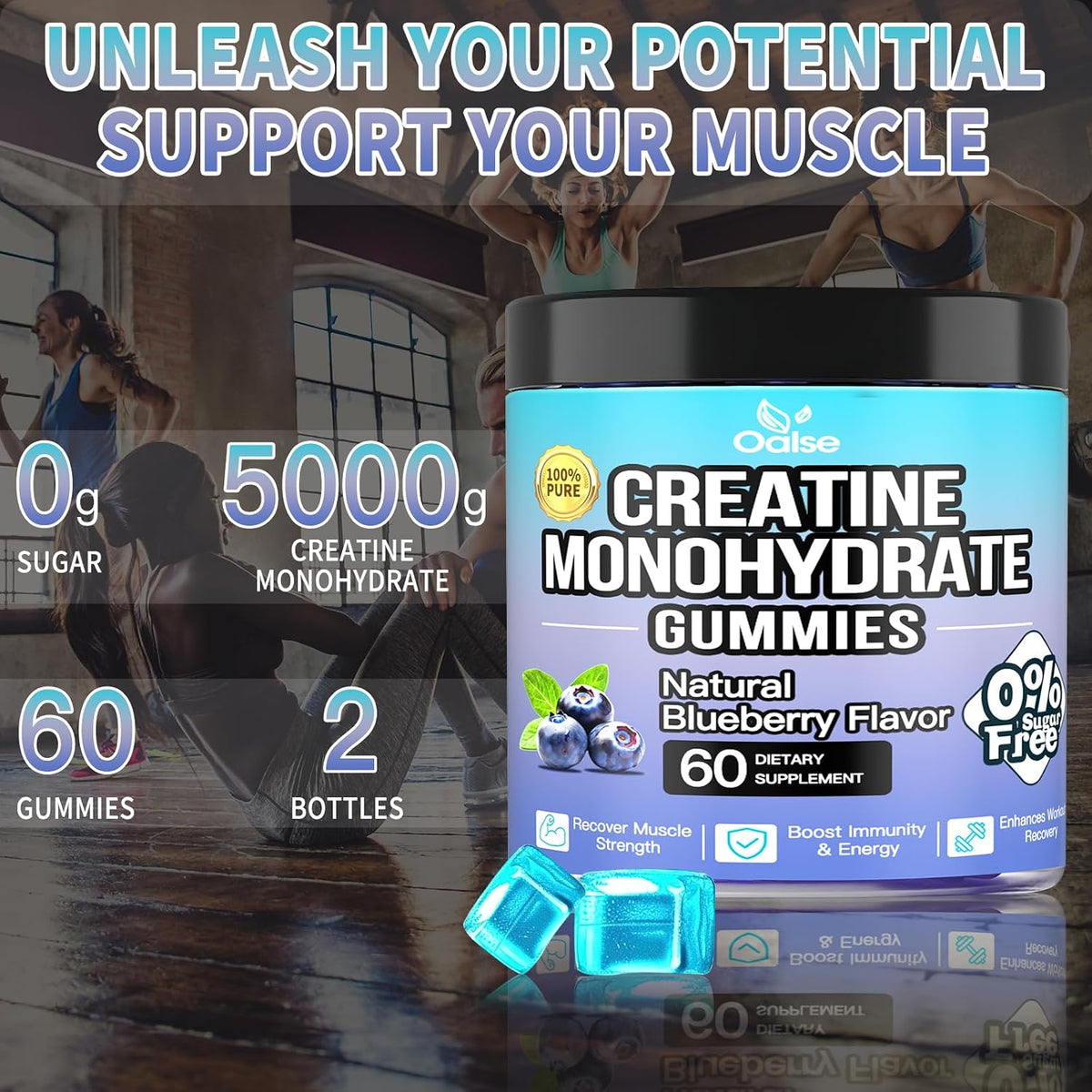 OALSE Creatine Monohydrate Gummies 5000mg with Vitamin B12 - Sugar Free, Vegan (Blueberry, 120 Count) - görsel 5