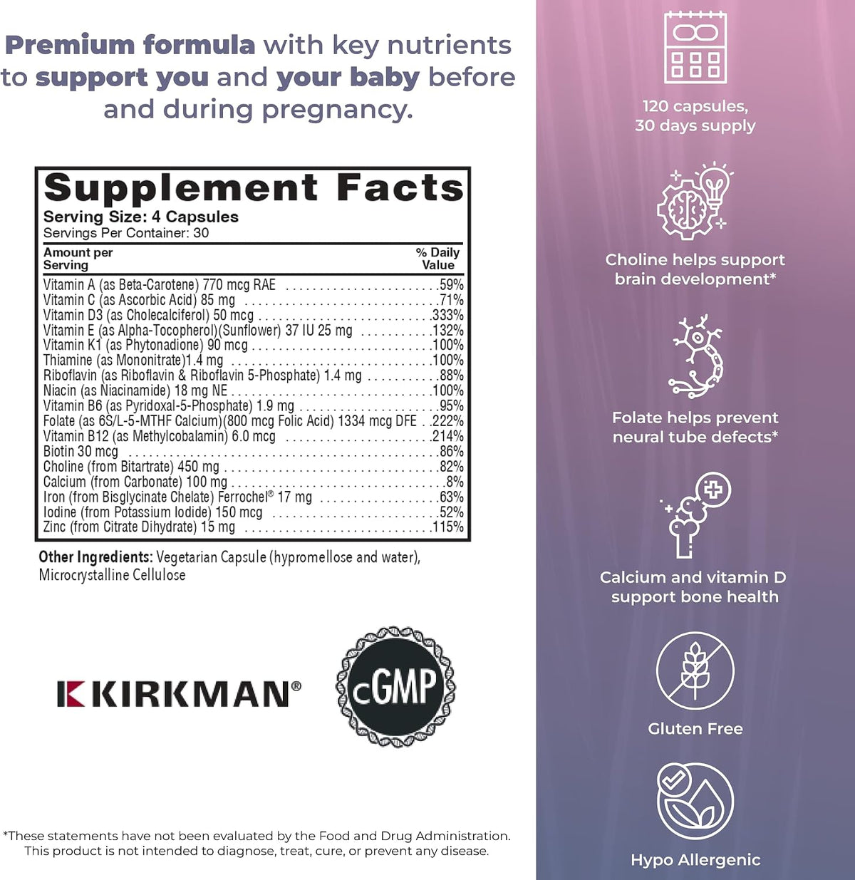 Kirkman P2i Prenatal Vitamins – Multivitamin with Choline, 120 Capsules - görsel 4