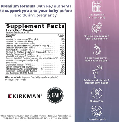 Kirkman P2i Prenatal Vitamins – Multivitamin with Choline, 120 Capsules