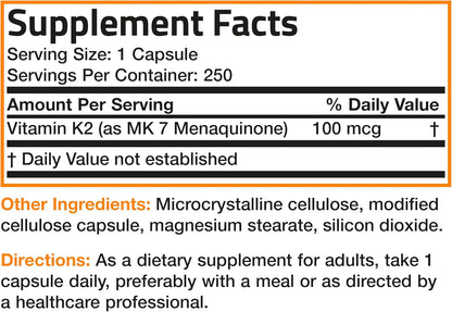 Bronson Vitamin K2 MK-7 Menaquinone 100 mcg, 250 Capsules