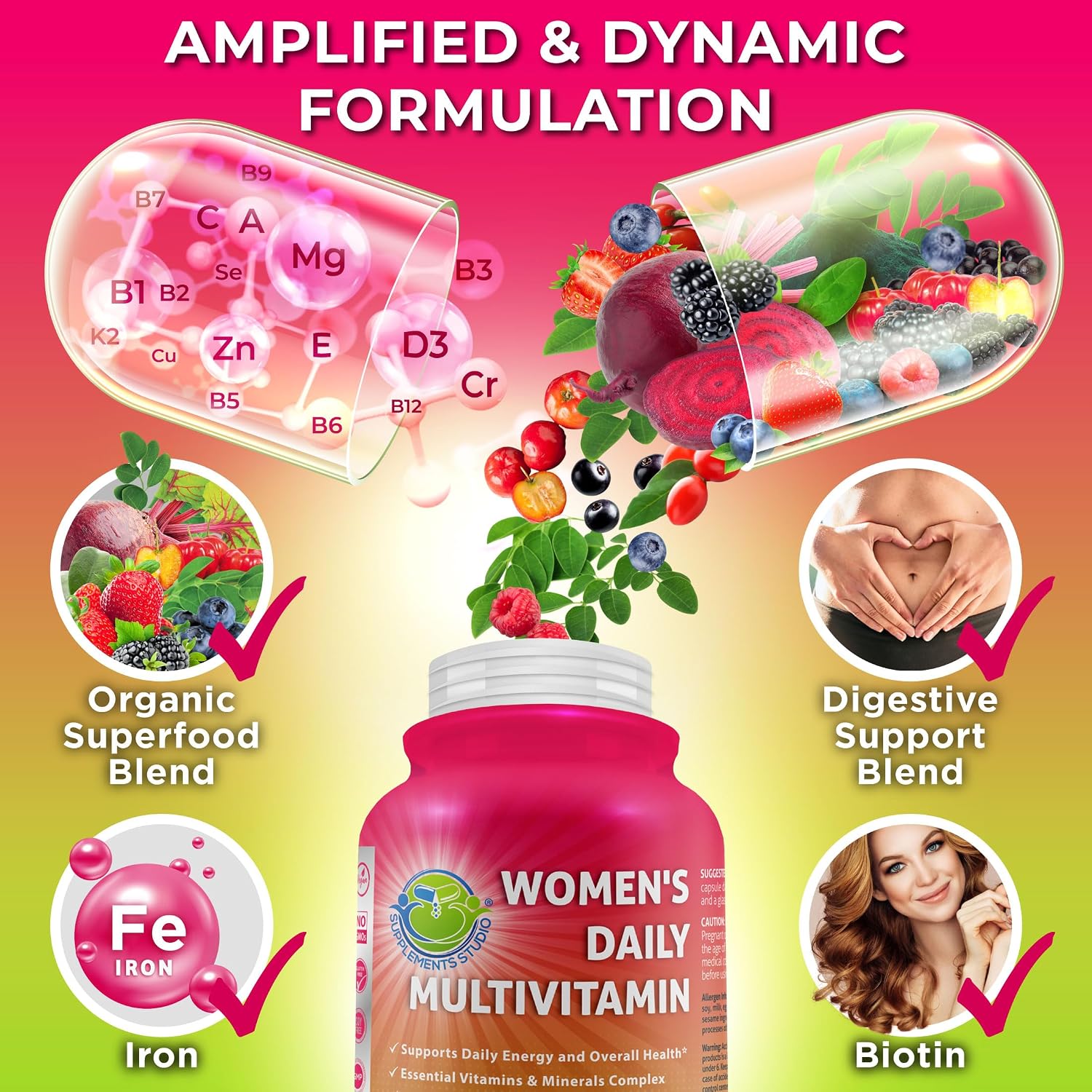Women's Daily Multivitamin with Iron – Vegan Methylated Multivitamin with Biotin, Organic Superfoods, Probiotics, B-Complex - görsel 3