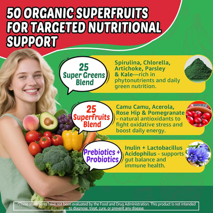 Super Greens Gummies - Daily Green Superfood Supplement with Spirulina, Chlorella, Mushrooms, Probiotics, Multivitamins, 50+ Super Greens & Veggies Gummies to Boost Immunity, Energy & Gut Health, 120 Count