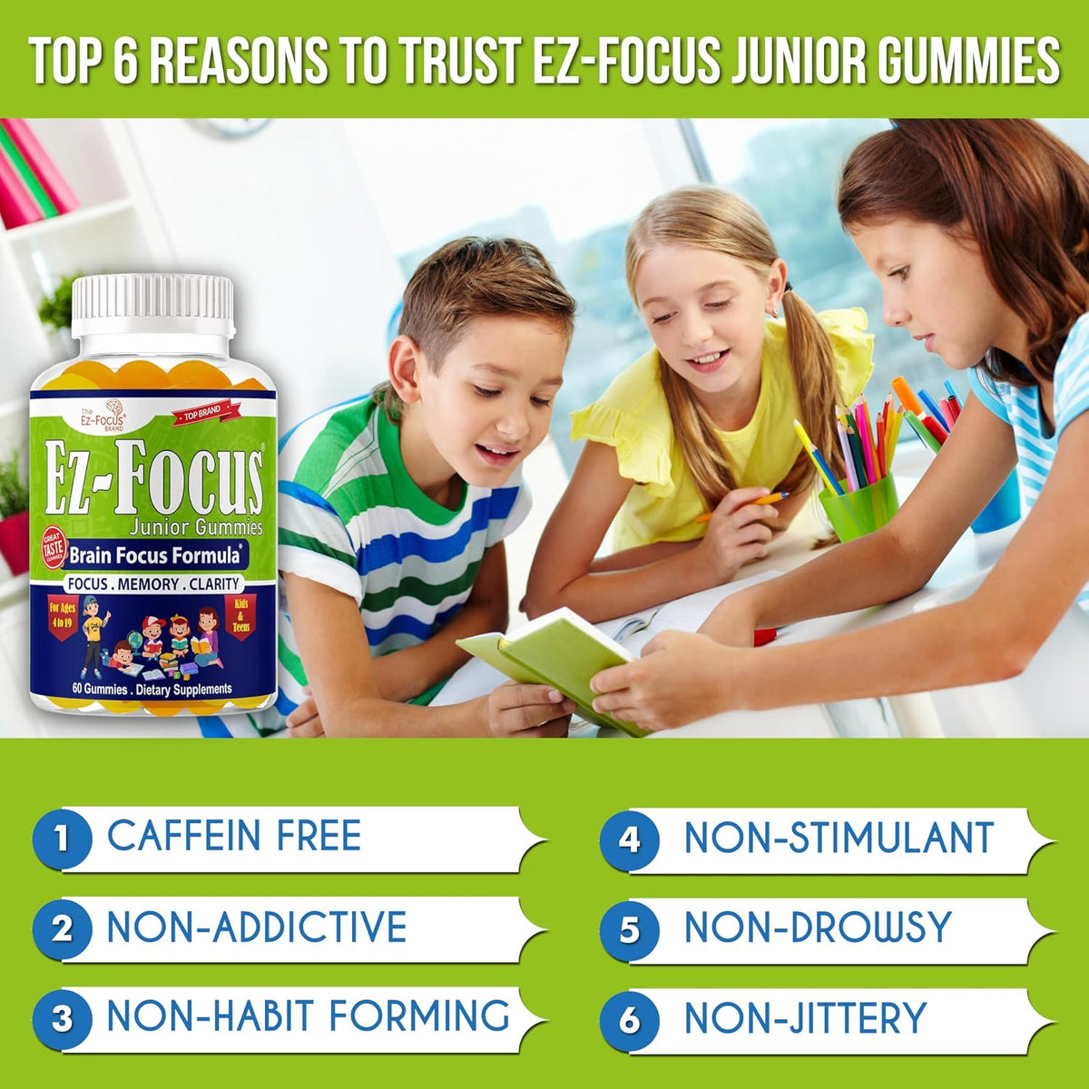 Ez-Focus Junior Brain Vitamins & Memory Supplements for Kids & Teens - Focus Gummies with DHA - 60 Chewable Gummies - görsel 7