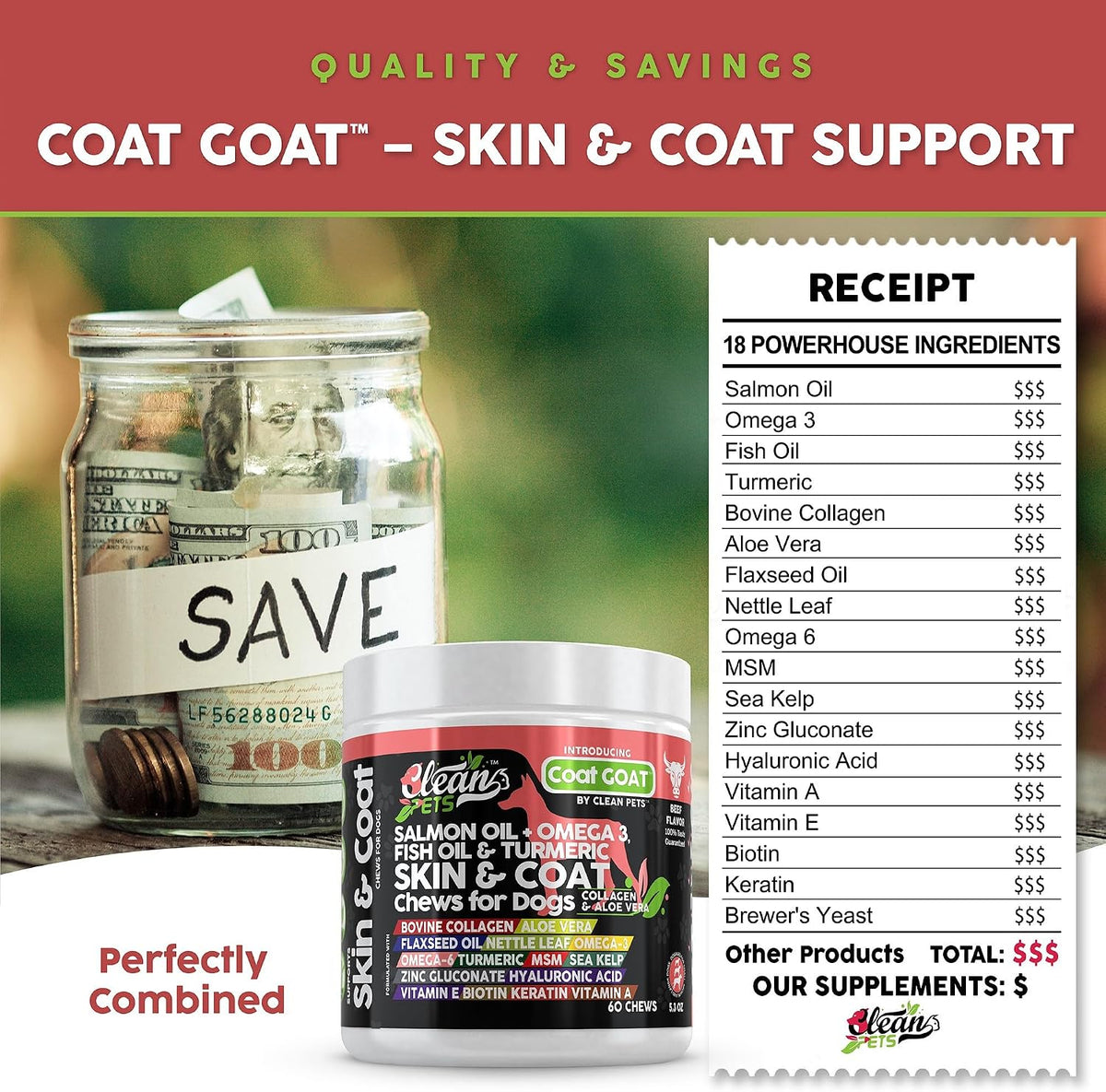 Clean Pets Salmon Oil Omega-3 Fish Oil for Dogs Skin and Coat Supplement | Dog Collagen Aloe Vera Biotin Keratin Flaxseed Nettle Leaf Sea Kelp Hyaluronic Acid Brewer's Yeast Vitamin A - Coat Goat - görsel 8