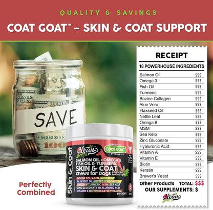 Clean Pets Salmon Oil Omega-3 Fish Oil for Dogs Skin and Coat Supplement | Dog Collagen Aloe Vera Biotin Keratin Flaxseed Nettle Leaf Sea Kelp Hyaluronic Acid Brewer's Yeast Vitamin A - Coat Goat