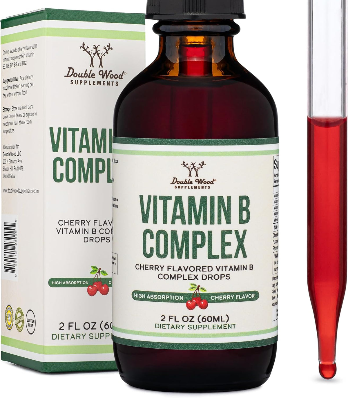 Double Wood Supplements Liquid Vitamin B Complex - 60 ml - 2 Month Supply - Maximum Absorption - B3, B6, B7 (Biotin), B9, and Vitamin B12 - Cherry Flavour - görsel 3