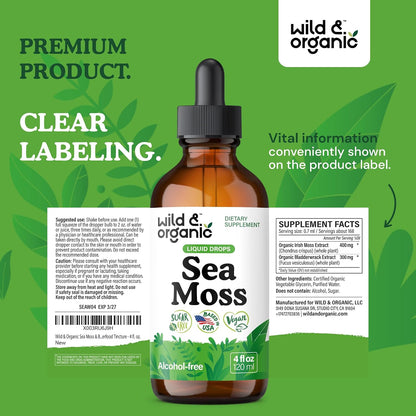 Wild & Organic Sea Moss Drops - Irish Sea Moss & Bladderwrack Liquid Tincture - Vegan, Alcohol-Free - 118 ml