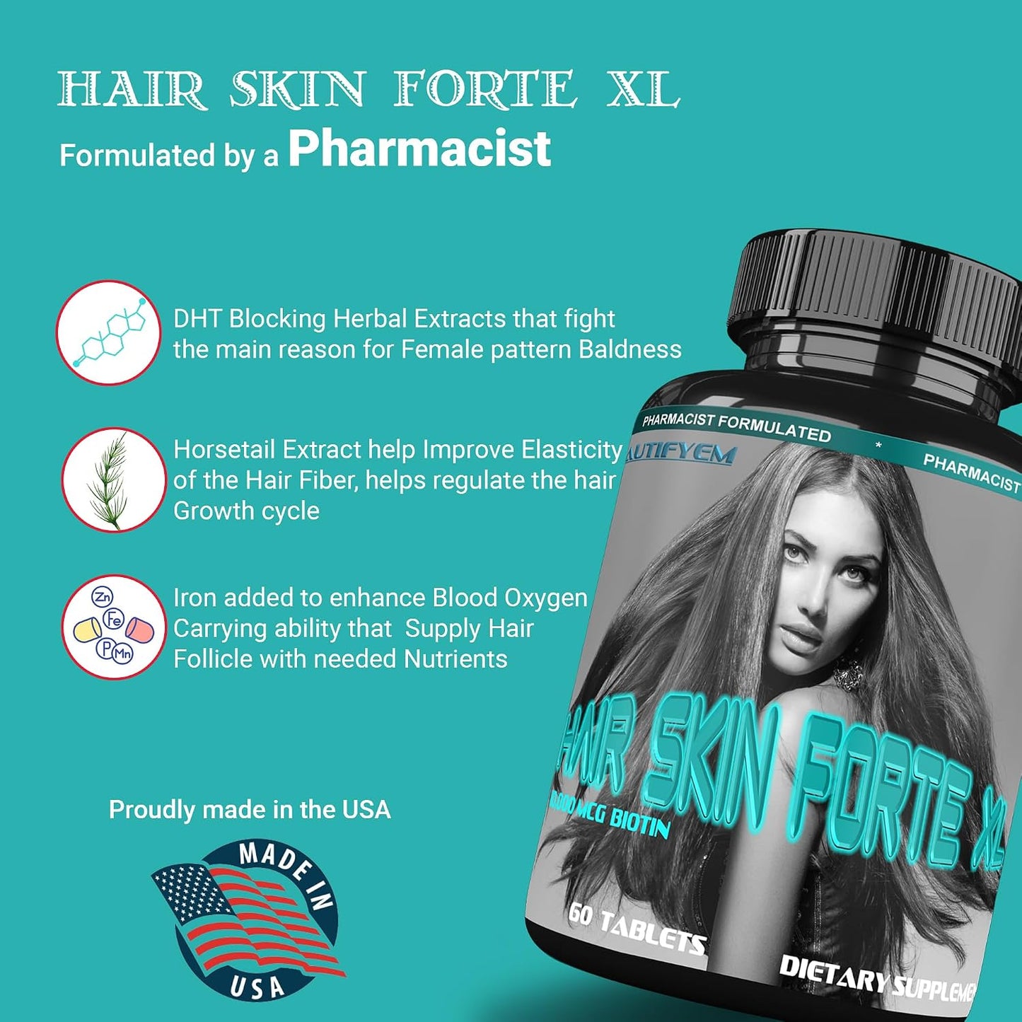 Hair Skin Forte XL Hair & Skin Growth Complex 10,000 mcg Biotin + Collagen Peptides - 60 Tablets - görsel 3