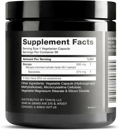 Toniiq Bacopa - Ultra High Potency 45:1 Extract with High Bacosides - Highly Concentrated - Third-Party Tested - 90 Capsules