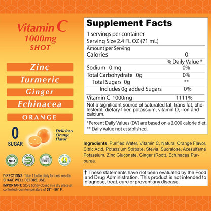 ALFA VITAMINS Vitamin C Shot 1000mg with Zinc, Ginger & Echinacea – Immune Support – Orange Flavour – 71 ml Bottle – 80 Pack