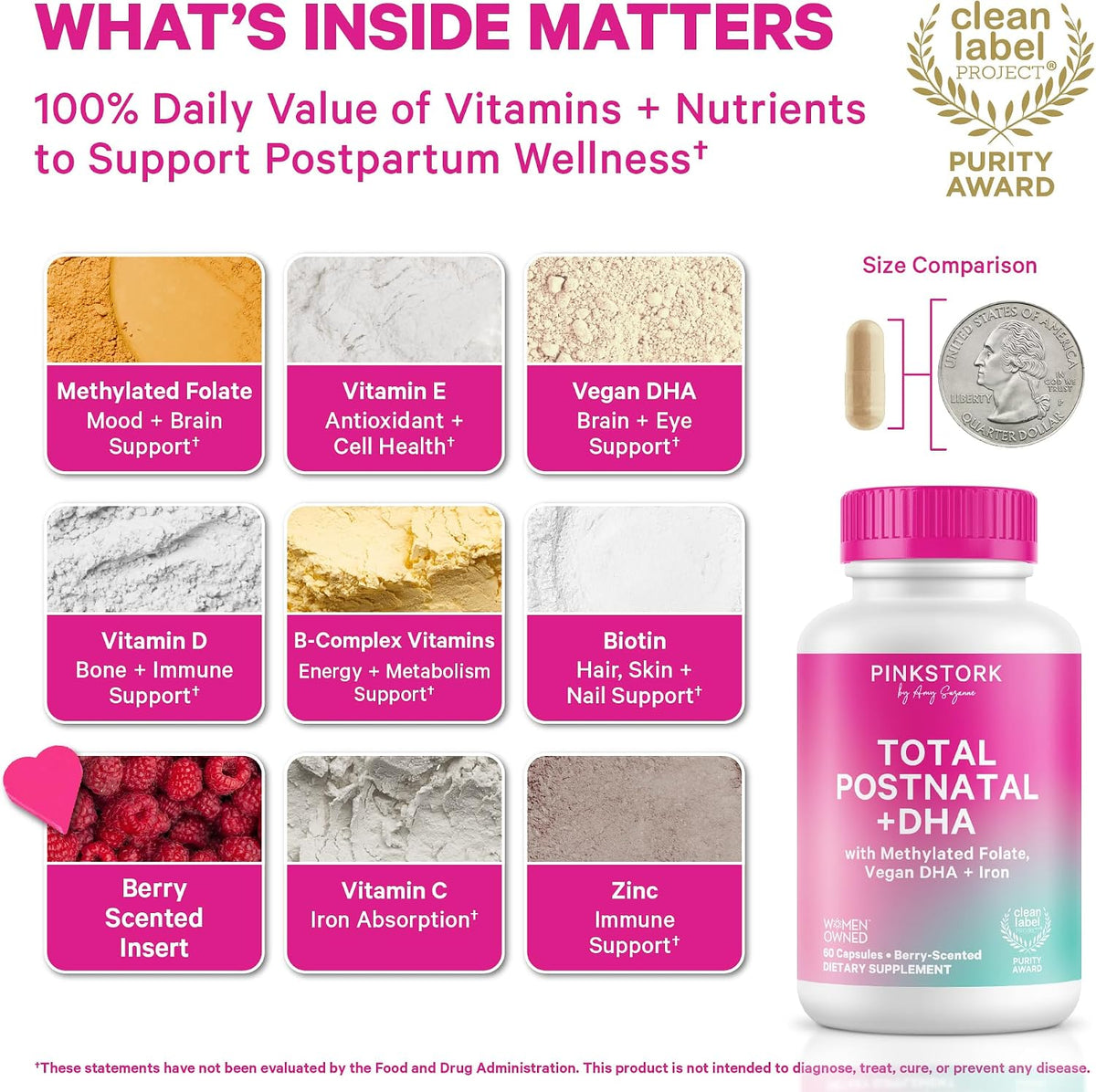 Pink Stork Total Postnatal Vitamins | Vegan DHA, Methylated Folate, Iron | 60 Capsules - görsel 2