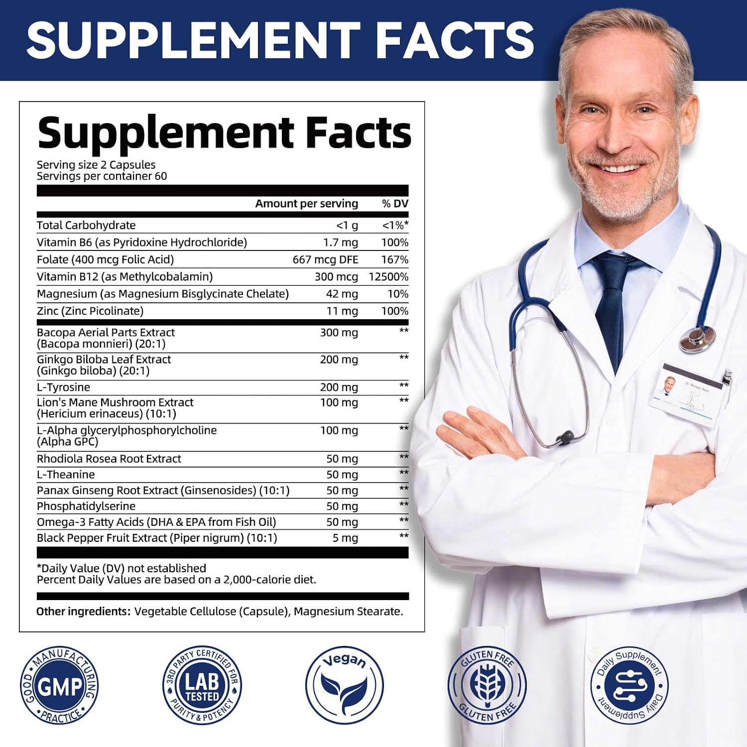 Brain Supplement for Memory & Focus - Nootropic with Bacopa Monnieri, Lion's Mane, Alpha GPC, and Phosphatidylserine - 120 Capsules - görsel 2