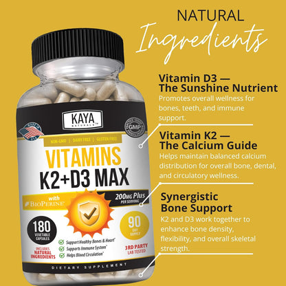 Kaya Naturals Vitamin K2 with D3 5000IU Supplement with Bioperine - Easy to Swallow Capsules (180 Count)