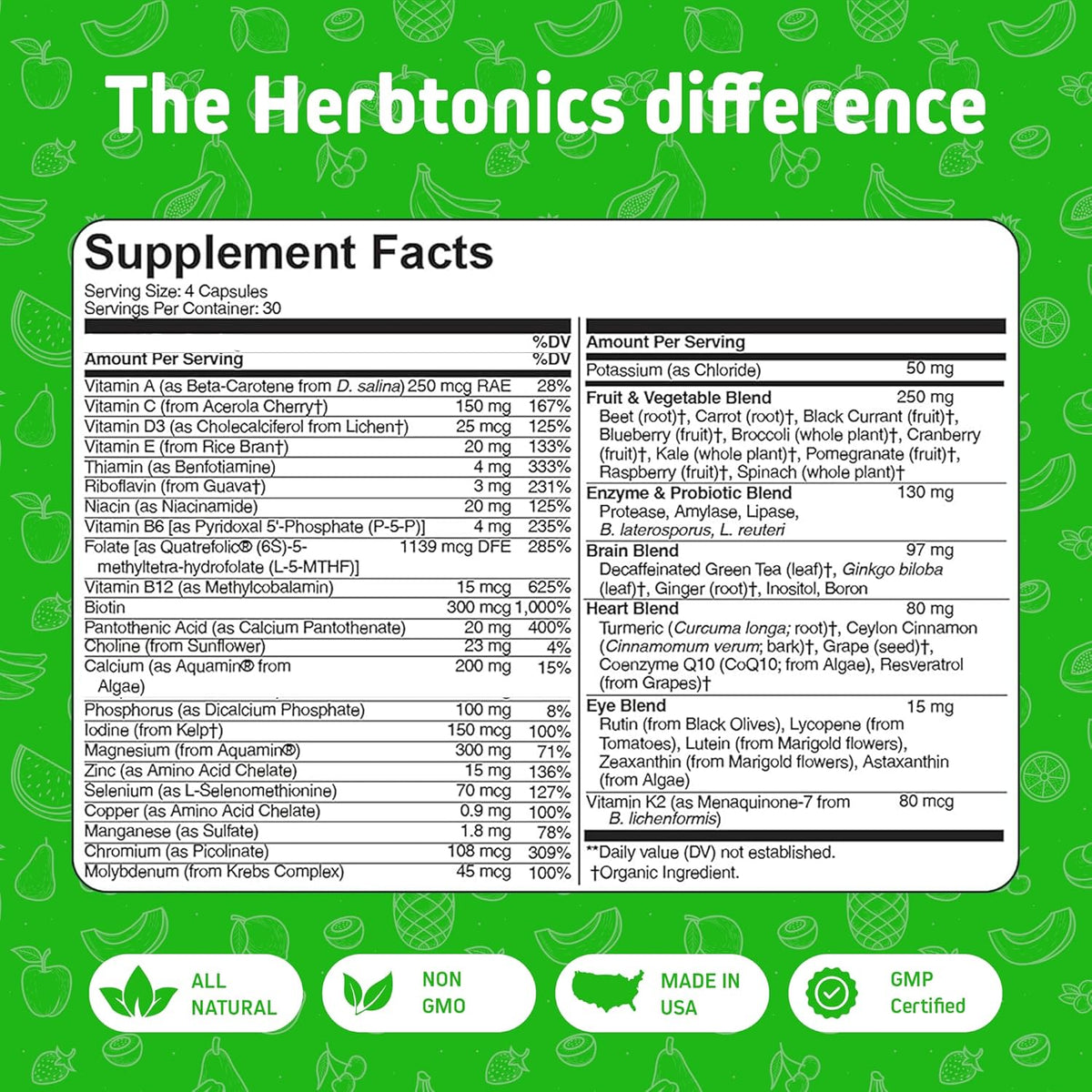 Herbtonics Whole Food Multivitamin for Men and Women – Vegan Multivitamin with Real Fruits & Veggies, Probiotics, CoQ10, Turmeric & More – 120 Capsules - görsel 5