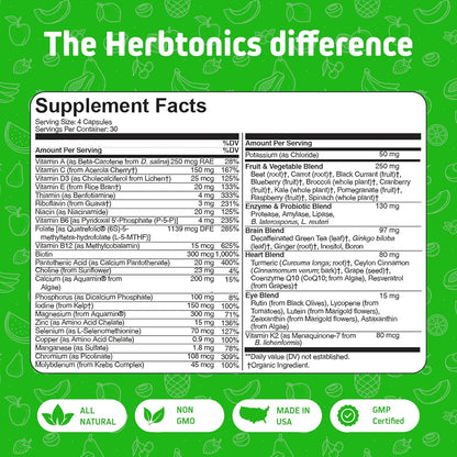 Herbtonics Whole Food Multivitamin for Men and Women – Vegan Multivitamin with Real Fruits & Veggies, Probiotics, CoQ10, Turmeric & More – 120 Capsules