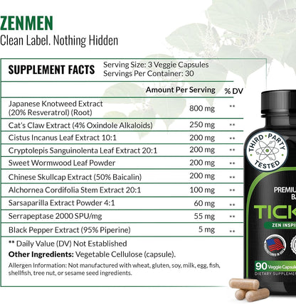 Zenmen Tick Immune Support Supplement - Improved Formula - 90 Vegan Capsules
