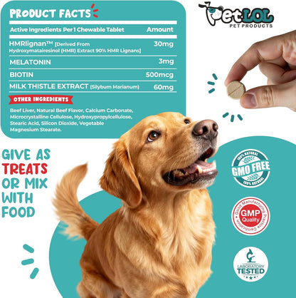 HMR Lignan + Melatonin + Biotin + Milk Thistle for Dogs | 4-in-1 Formula | 90 Chewable Tablets | Natural Beef Flavour