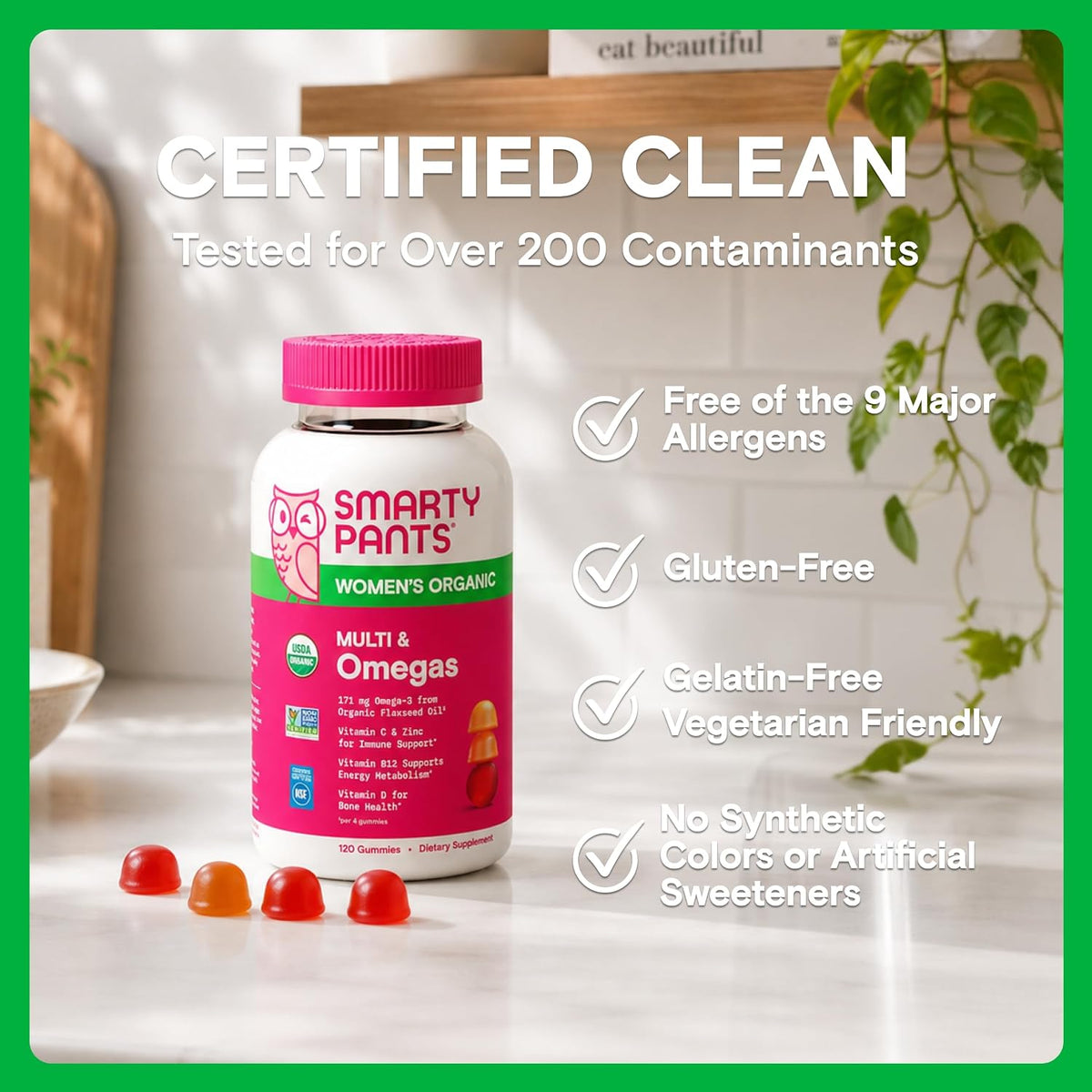 SmartyPants Organic Women's Multivitamin Gummies: Biotin, Methylfolate, Omega-3 (ALA), Vitamin D3, C, Vitamin B12, B6, A, K & Zinc, Inositol, Gluten-free, Vegetarian, 120 Count (30 Day Supply) - görsel 9