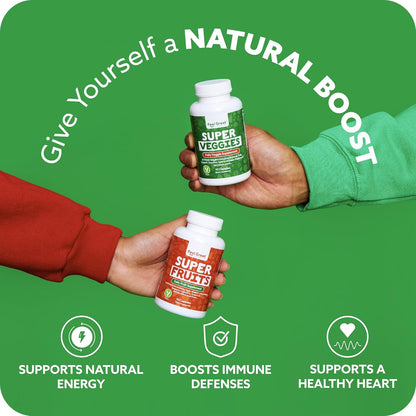 Feel Great Fruit and Vegetable Supplements | 20+ Super Reds & Greens for Natural Energy Support | Vegan Fruit and Veg Capsules | 2 Pack of 90 Capsules Each