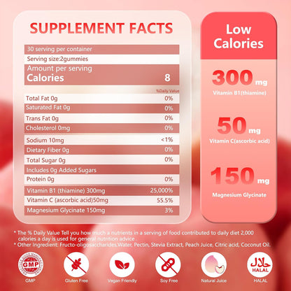 NEWOLITE Vitamin B1 Gummies 300mg - Chewable Thiamine Supplement with Magnesium - Natural Peach Flavour - 60 Gummies (1-Month Supply)