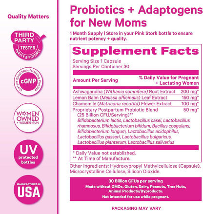 Pink Stork Postnatal Probiotics - 30 Billion CFU with Ashwagandha & Chamomile