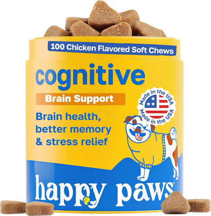 Happy Paws Cognitive Taurine Supplement for Dogs – Brain Health Soft Chews with Spirulina, CoQ10 & B Vitamins