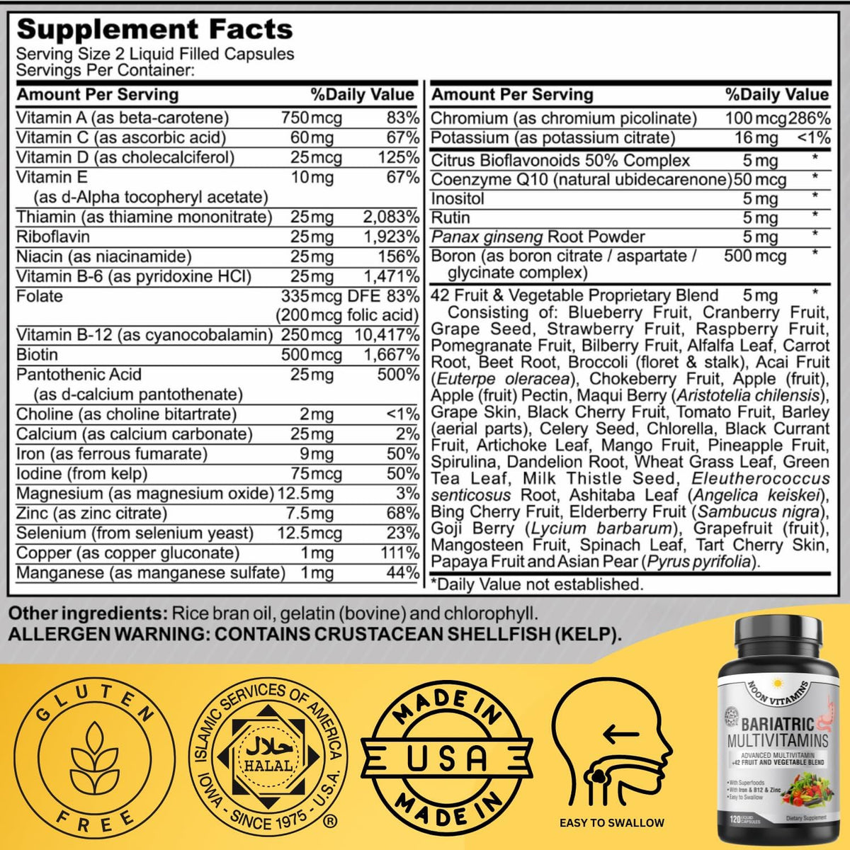 Bariatric Multivitamin with Iron for Women & Men - All-in-One 42 Superfood Blend for Energy & Immune Support - Post-Surgery Recovery, Easy-to-Swallow, Halal, Made in USA (120 Liquid Capsules) - görsel 2