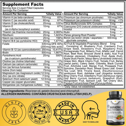 Bariatric Multivitamin with Iron for Women & Men - All-in-One 42 Superfood Blend for Energy & Immune Support - Post-Surgery Recovery, Easy-to-Swallow, Halal, Made in USA (120 Liquid Capsules)