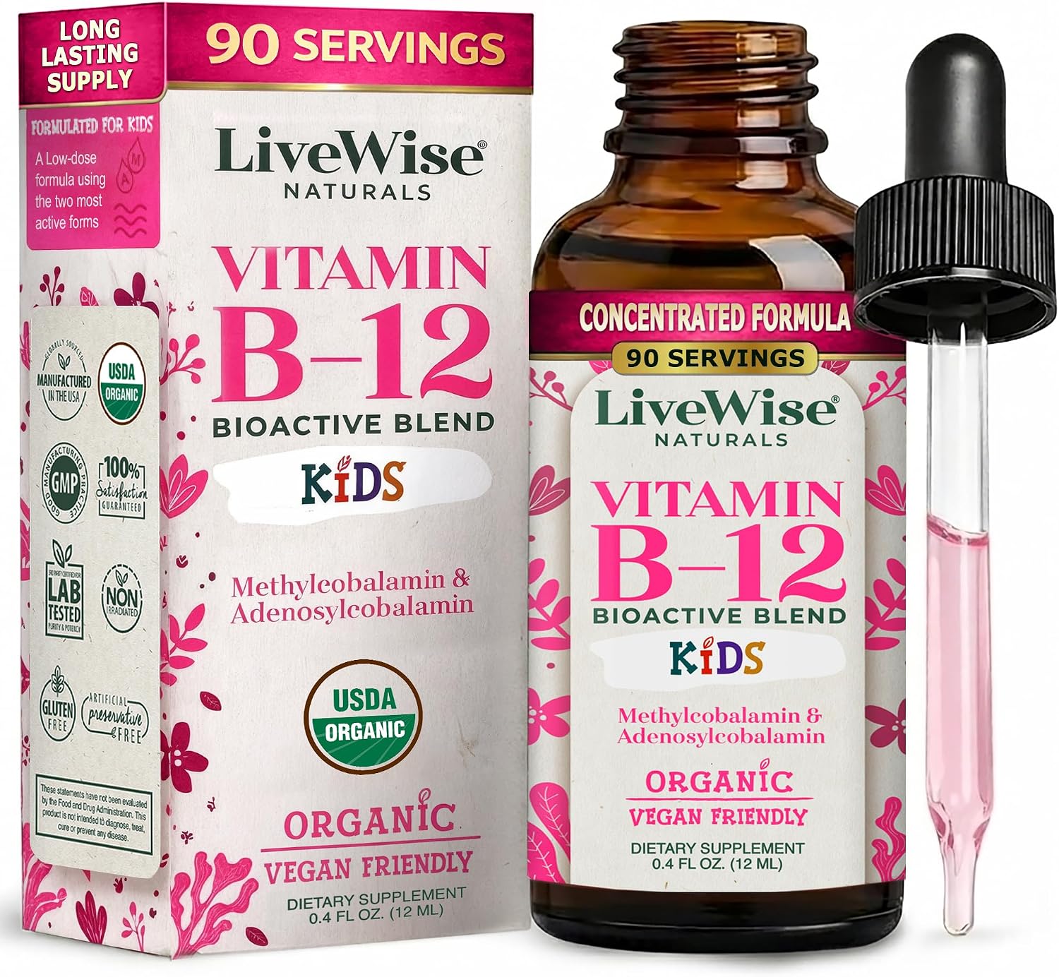 Live Wise Naturals Organic Vitamin B12 Liquid Drops for Kids, 11.8 ml - görsel 1