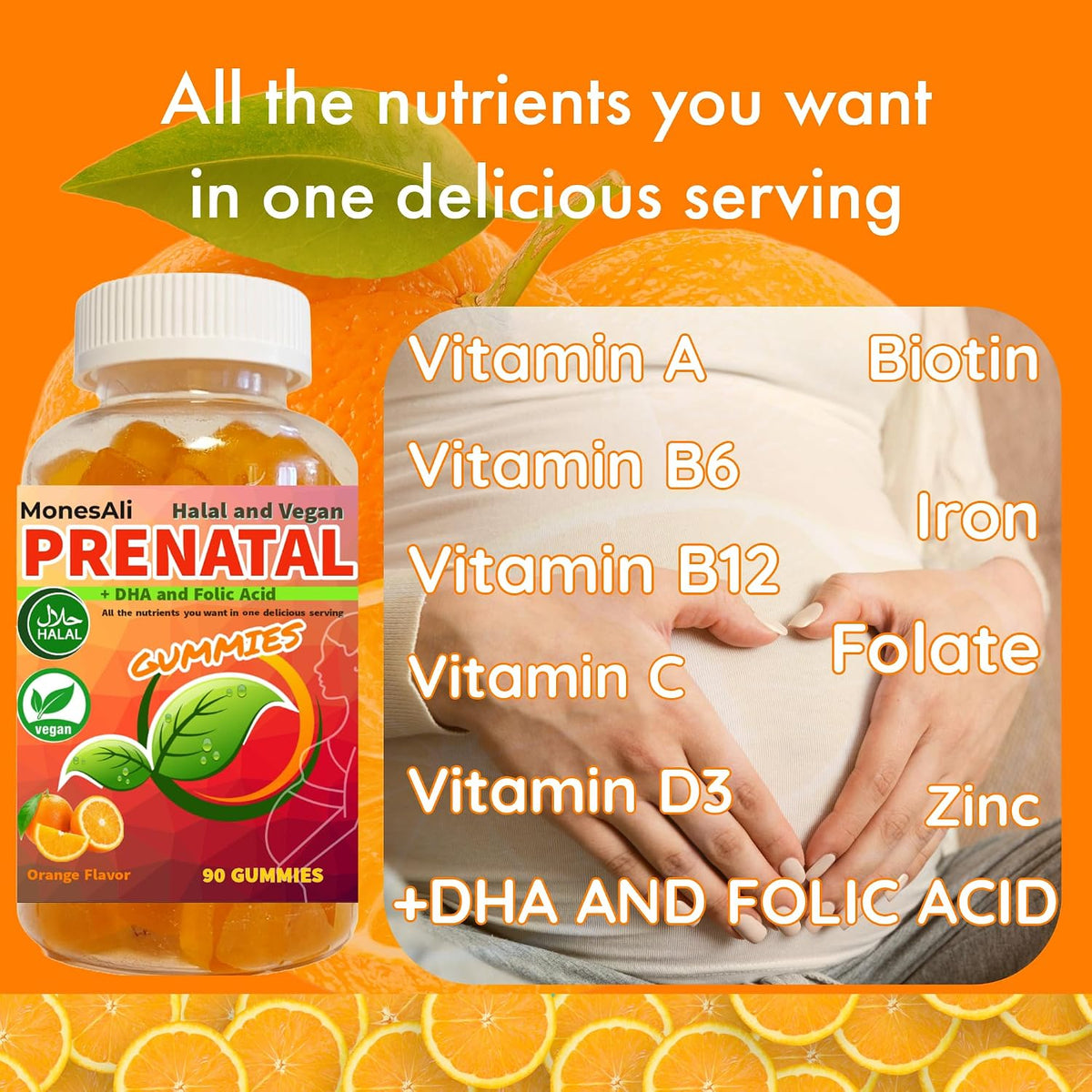 MonesAli Prenatal Gummies for Women - Vegan Halal Prenatal & Postnatal Multivitamin with Folate, DHA, Iron & Biotin - Supports Healthy Pregnancy, Postnatal Energy & Hair Health, 90 Count - görsel 3