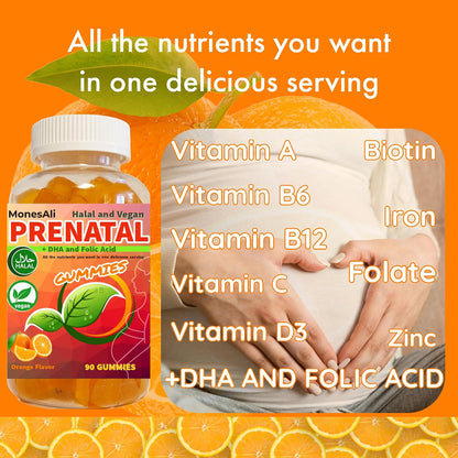 MonesAli Prenatal Gummies for Women - Vegan Halal Prenatal & Postnatal Multivitamin with Folate, DHA, Iron & Biotin - Supports Healthy Pregnancy, Postnatal Energy & Hair Health, 90 Count