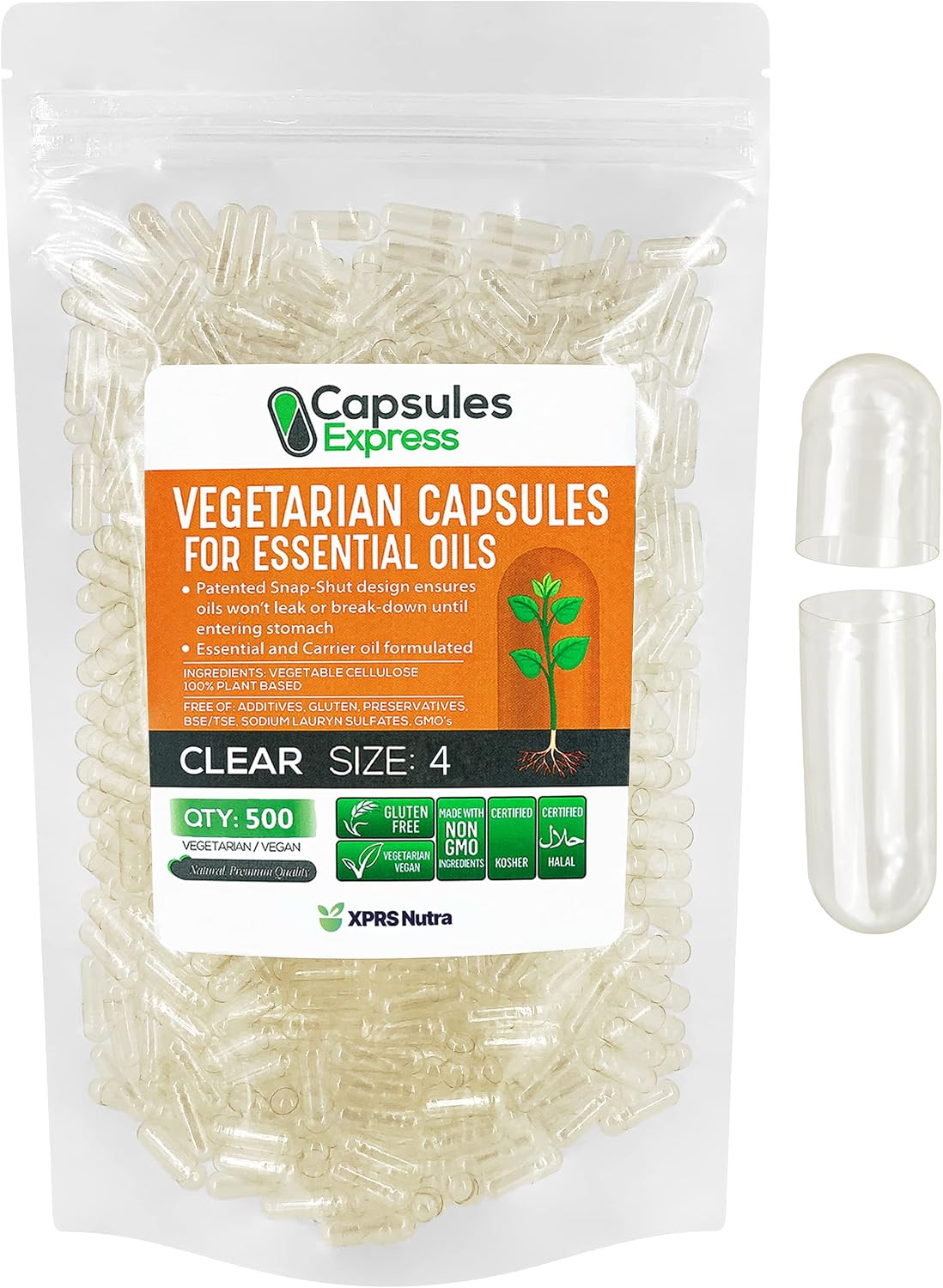 XPRS Nutra Size 4 Empty Vegan Capsules - 500 Count Clear Veggie Capsules for Essential Oils - görsel 1