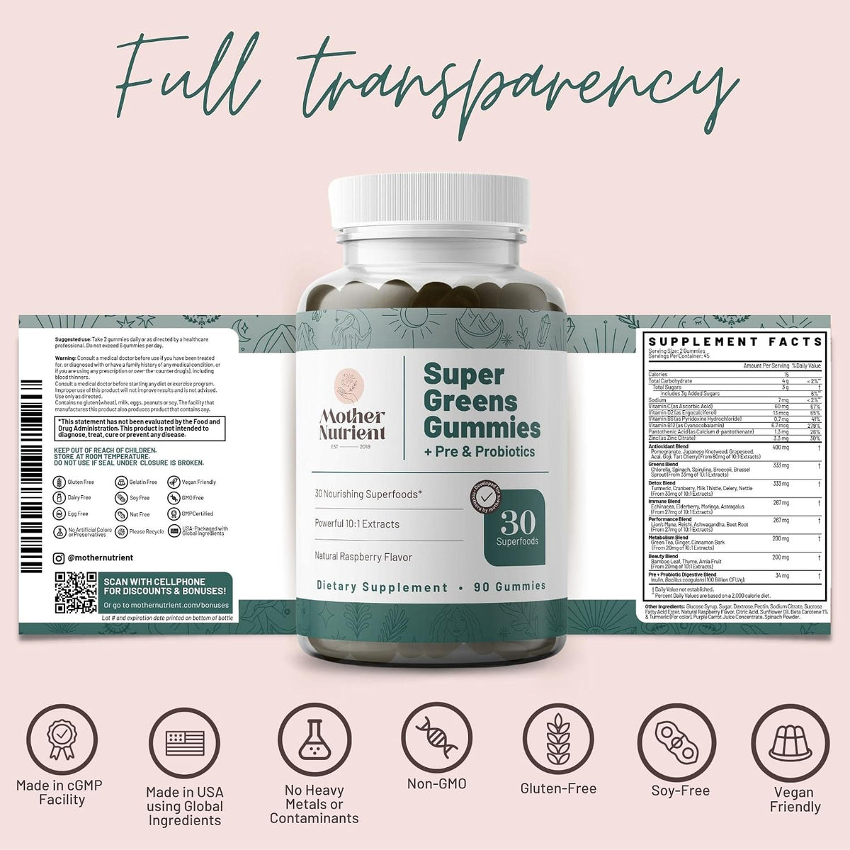 Mother Nutrient Super Greens Gummies – 30 Superfoods with Prebiotics & Probiotics – Multivitamin Vegetable Chewables (90 Gummies) - görsel 5