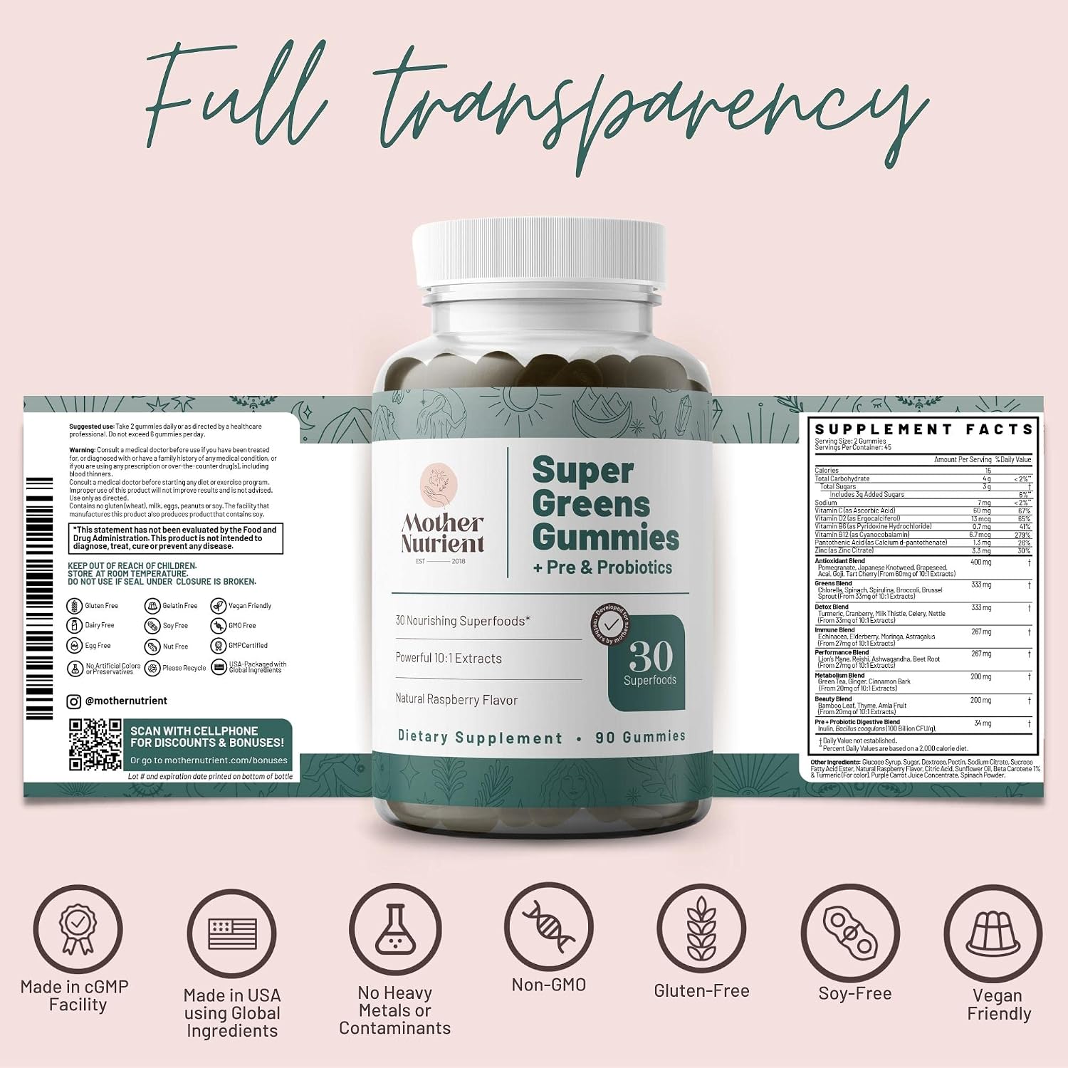 Mother Nutrient Super Greens Gummies – 30 Superfoods with Prebiotics & Probiotics – Multivitamin Vegetable Chewables (90 Gummies) - görsel 5